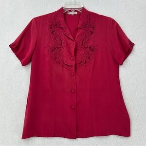 100% Silk Red Embroidered Women's Top